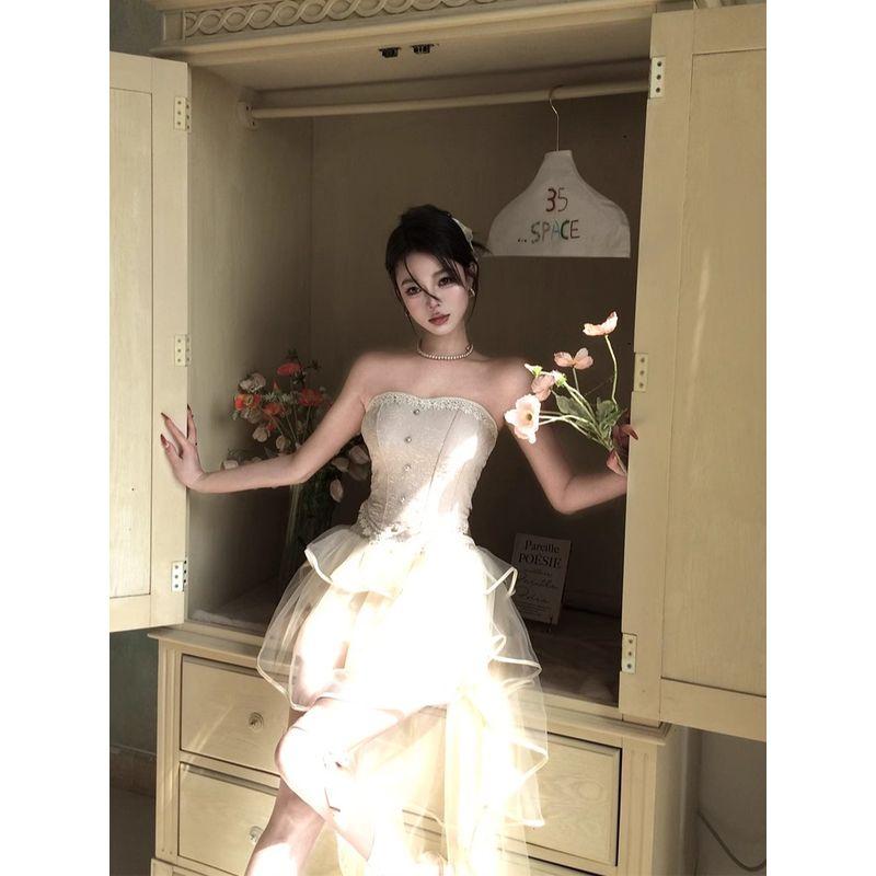 Kumikumi Gyaru Set Lace Waist Hugging Tube Top Vest Women Summer Mesh Irregular Skirt Two-piece Set