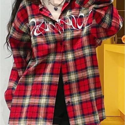 Letter Embroidered Women's Long Sleeved Shirt American Retro Loose Red Checkered Blouse Autumn Casual Versatile Top