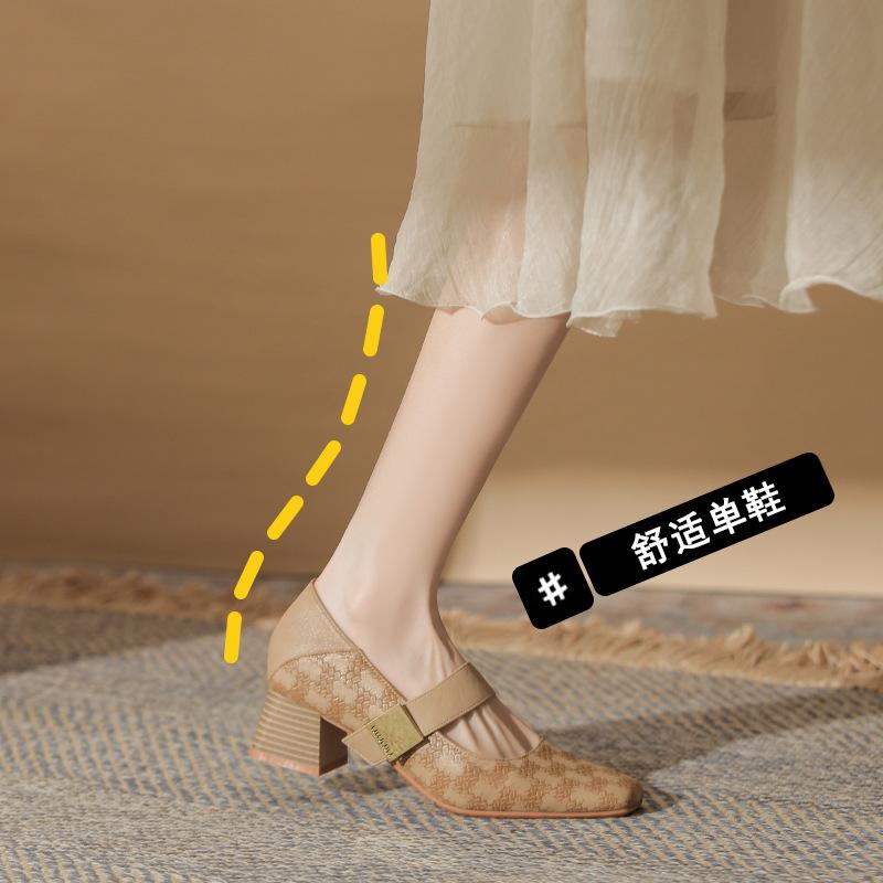 Square head single shoes women's new spring and autumn retro thick heel one-word buckle high heels color matching fashion women's shoes