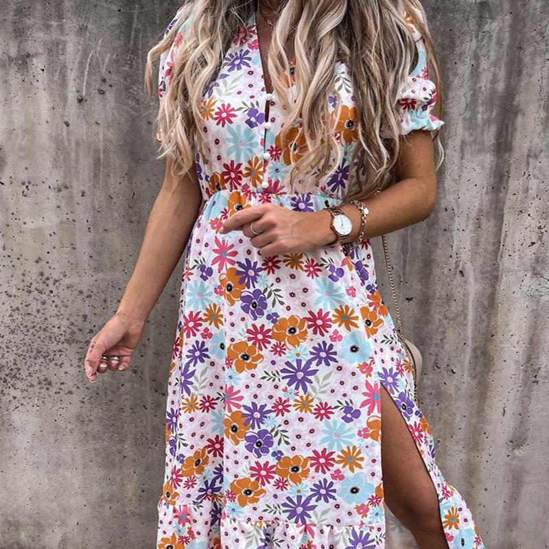 Women Summer Holiday Casual Floral Printed Short Sleeve V Neck Split Long Dress