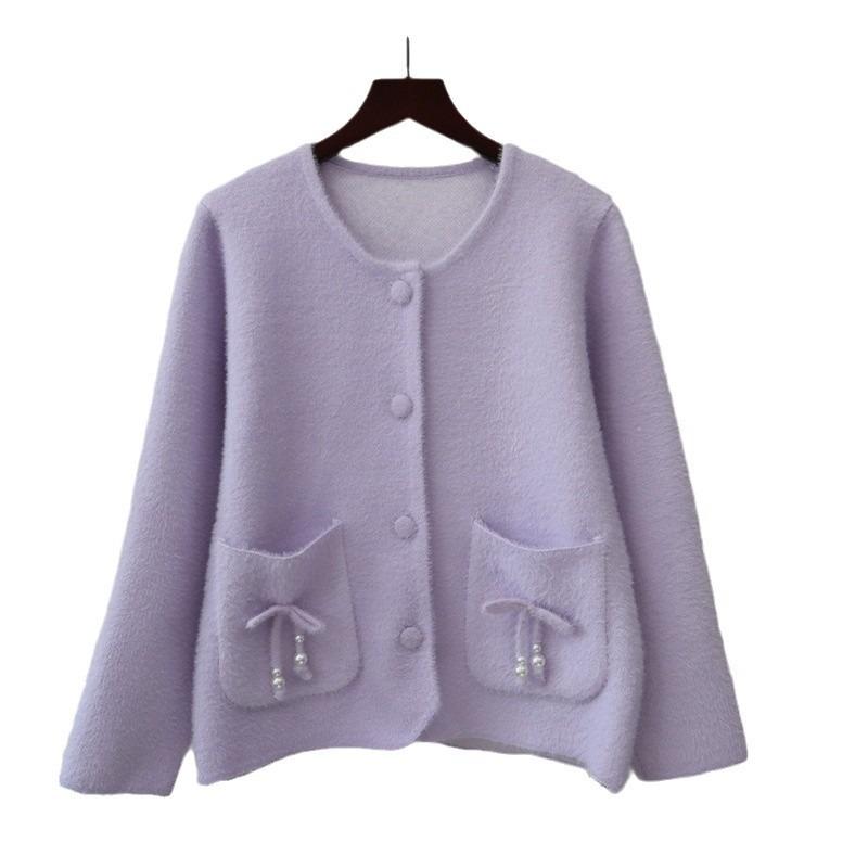 Bow imitation mink velvet knitted cardigan autumn and winter new round neck high-end sweater jacket women