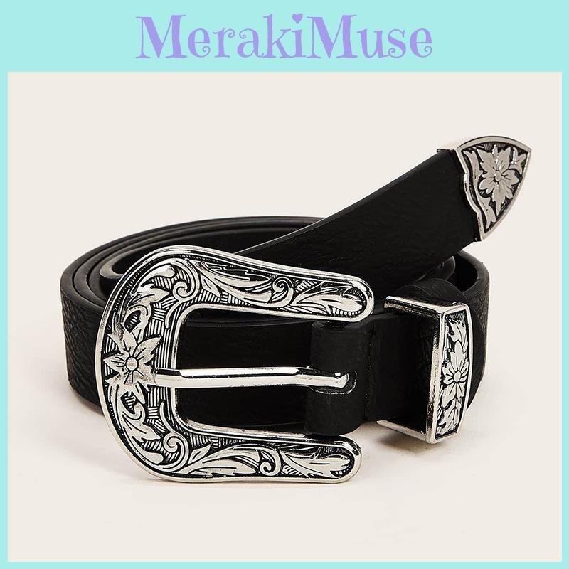 Women Double Button Faux Leather Belt With Floral Decor For Office Casual Wears