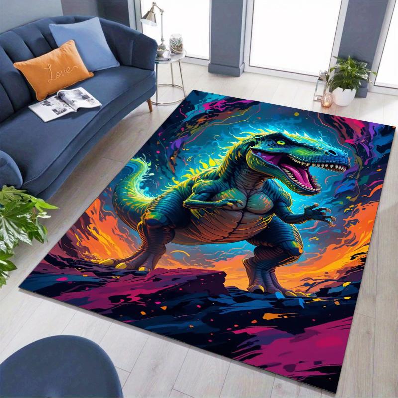 Neon Colorful T‑Rex Dinosaur Print Area Rug Non‑Slip Rectangular Floor Mat Prehistoric Beast Decor Rug for Gaming Room Bedroom Living Room