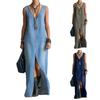 Women V Neck Sleeveless Denim Maxi Dress with Front Slit Casual Long Jean Dress Simple Loose Fit Style