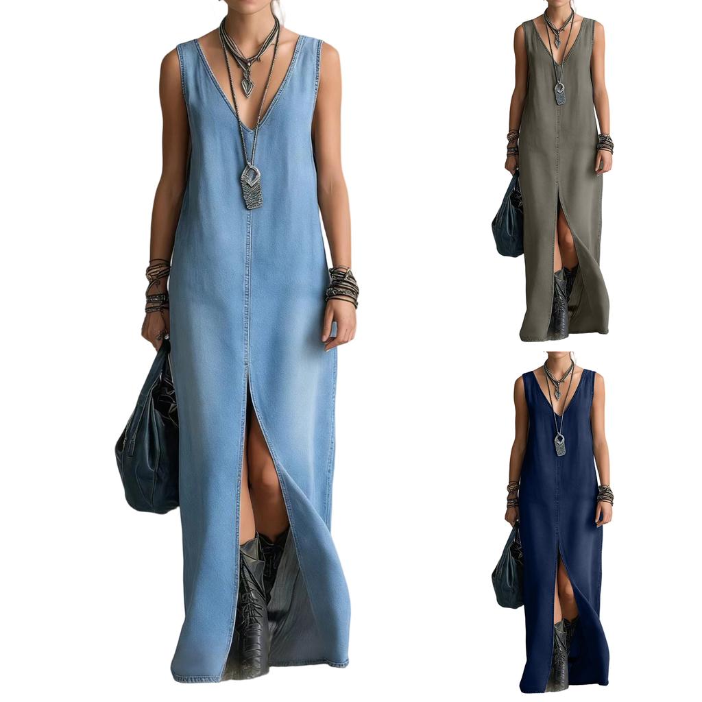 Women V Neck Sleeveless Denim Maxi Dress with Front Slit Casual Long Jean Dress Simple Loose Fit Style