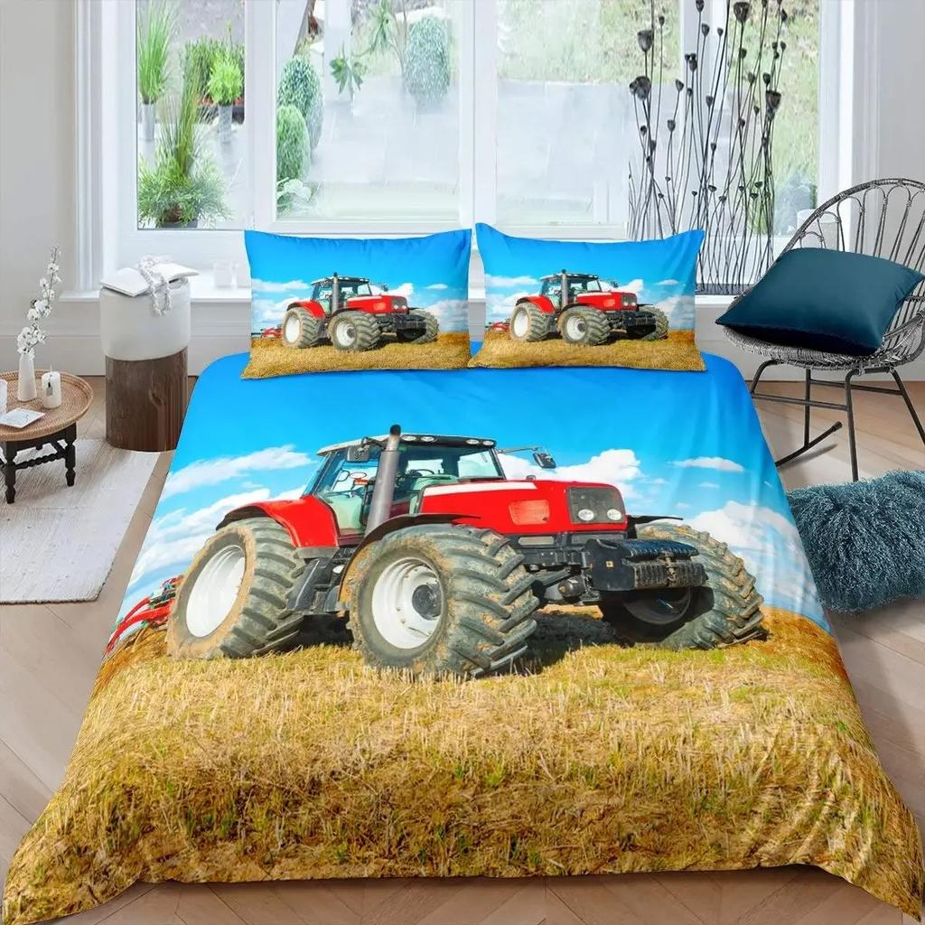 Retro Tractor King Queen Duvet Cover Automotive Bedding Set Engineering Vehicle Quilt Cover Farm Tool Cart 3D Polyester Quilt Cover