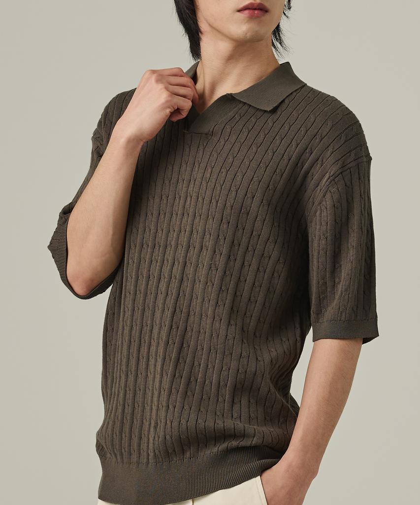 ANALOG MOOD Cable Open Collar Short Sleeve Knit (Khaki)