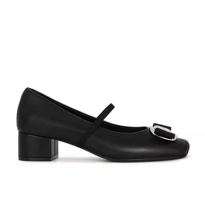 Cowhide version square head leather light mouth metal bow Mary Jane shoes women's flat ballet shoes
