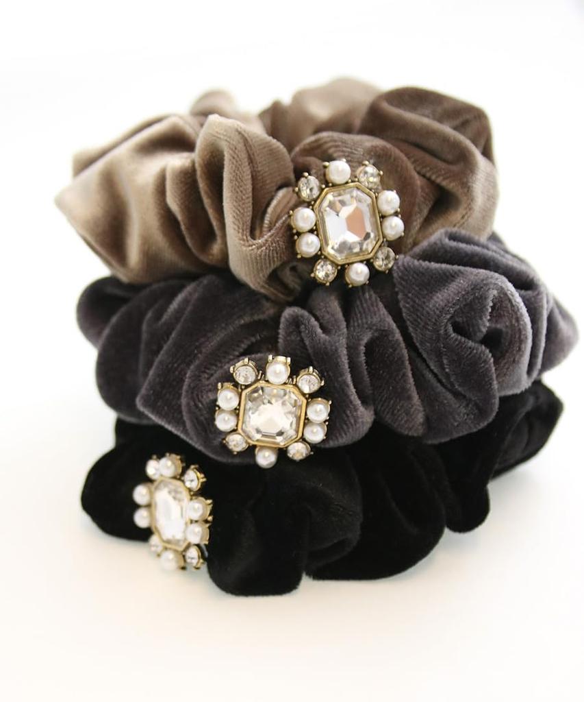 VINGTAINE Velvet Scrunchie with Antique Cute and Stylish Hair Present Beads, Style, Accessory, Gift, (HS-188-GY)