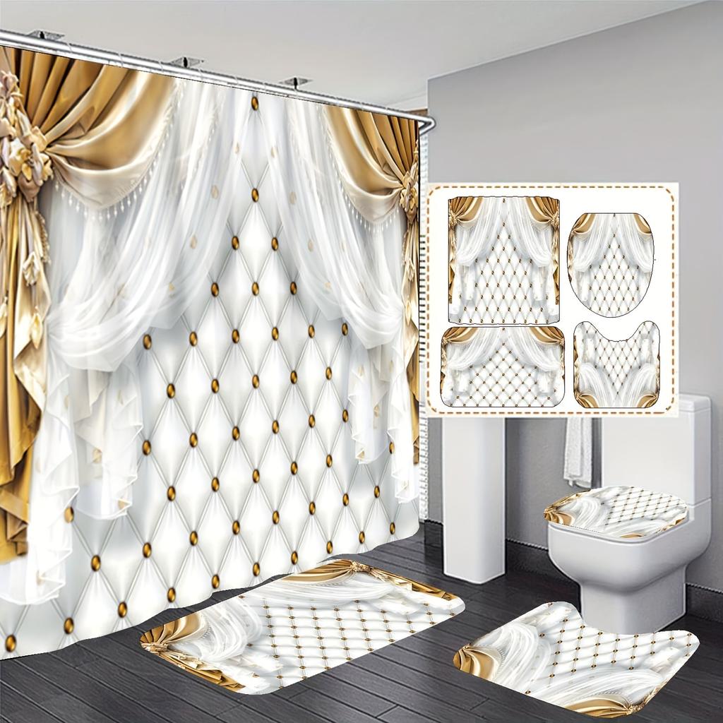 Set Bagno 4 Pezzi Con Tenda Doccia Rosa Rossa E Leone – Tappeto, Copriwater E Tappetino Antiscivolo