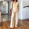 Women'S 2 Piece Linen Outfits V Neck Long Sleeve Pullovers Shirt Top And Wide Leg Pants Set Casual Loungewear Vacation Tracksuit