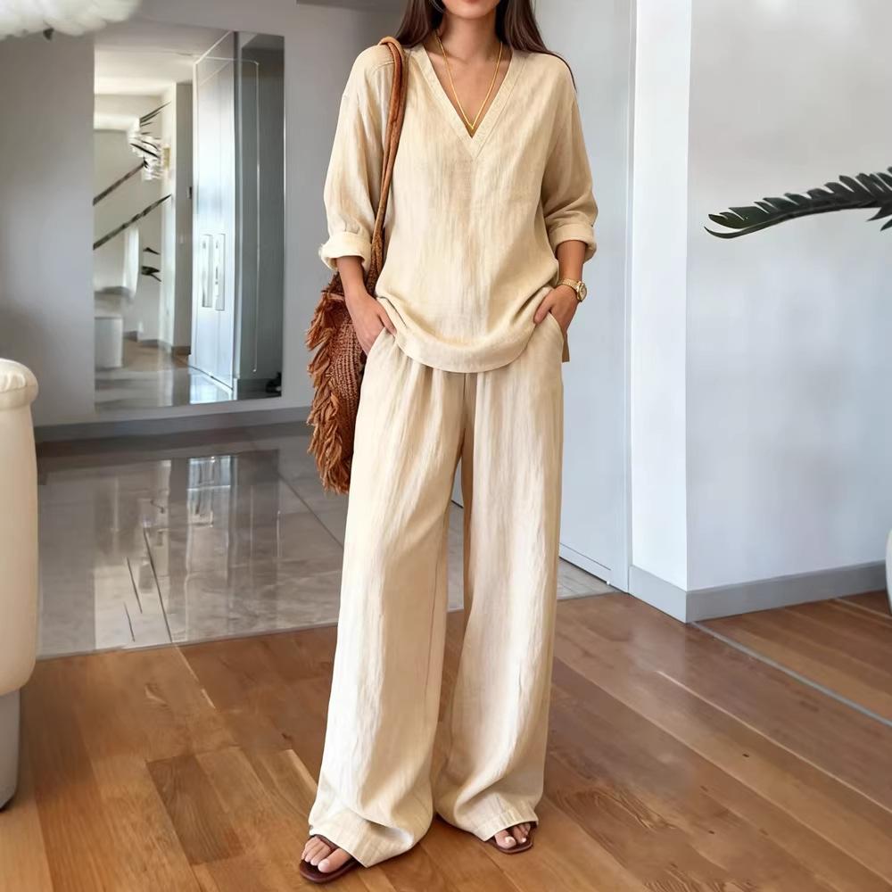 Women'S 2 Piece Linen Outfits V Neck Long Sleeve Pullovers Shirt Top And Wide Leg Pants Set Casual Loungewear Vacation Tracksuit