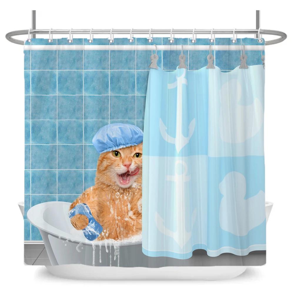 Funny Cute Cartoon Bathing Cat Dog Shower Curtains Bathroom Bathtub Decoration Waterproof Bath Curtain Home Decor with Hooks