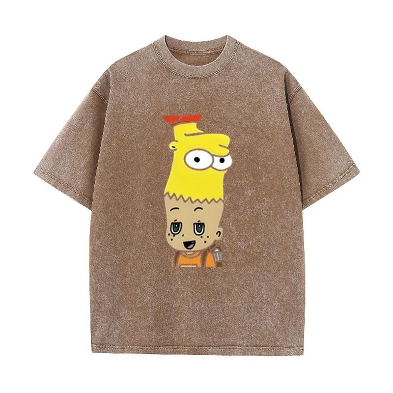 Mashup Cartoon Bart Simpson Print Vintage Washed T Shirt Black Casual Streetwear