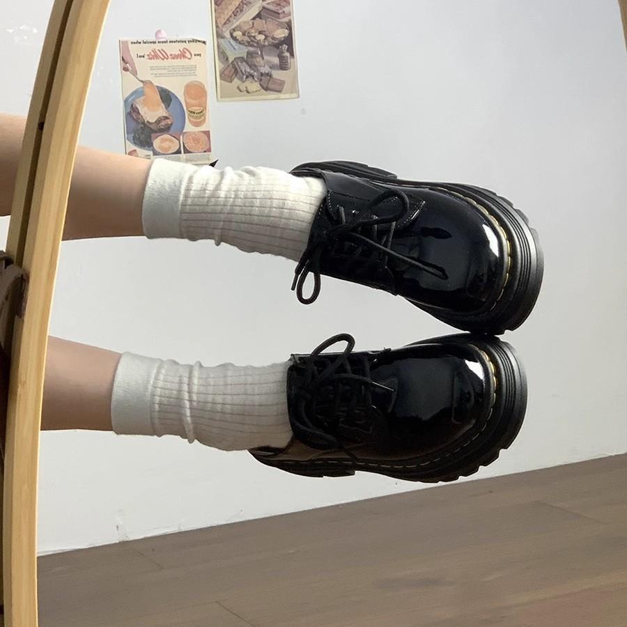 Round Toe Lace Up Black Small Leather Shoes for Women In Spring and Autumn 2024 New Thick Soled Height Increasing Single Shoes British Style Explosive