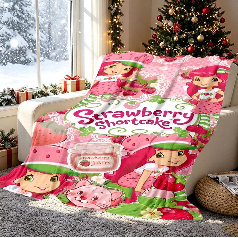 Strawberry Shortcake Pattern Blanket for Home Decoration, Bed, Sofa, Car Travel, Camping, Suitable for All Seasons, Birthday Christmas Gift