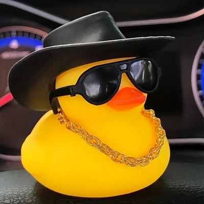 1 peça de adorno de carro de pato amarelo fofo com chapéu de cowboy preto e óculos de sol, decoração de carro, presente de feriado