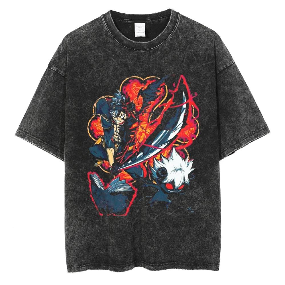 

Men Streetwear T Shirt Retro Vintage Japanese Anime Black Clover Graphic T Shirt Cotton Washed Tshirt Hip Hop Harajuku Tops Tees M