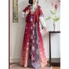 Chinese Tang Dynasty Beizi Hanfu Set, Printed Cardigan Ethnic Style One-Piece Waist Skirt Daily Wear