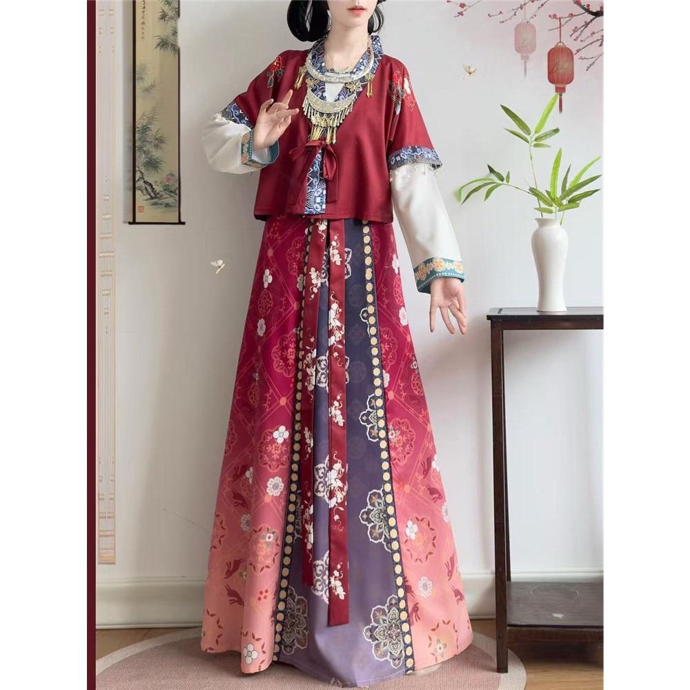 Chinese Tang Dynasty Beizi Hanfu Set, Printed Cardigan Ethnic Style One-Piece Waist Skirt Daily Wear