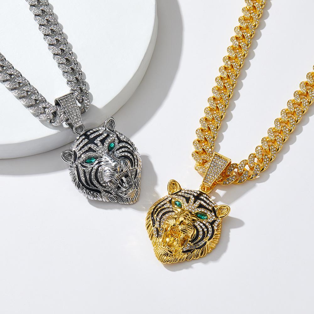 3D Animal Cat Pendant Cuban Chain Necklace with Full Diamond Zinc Alloy and Drip Oil Finish for Hip Hop Enthusiasts