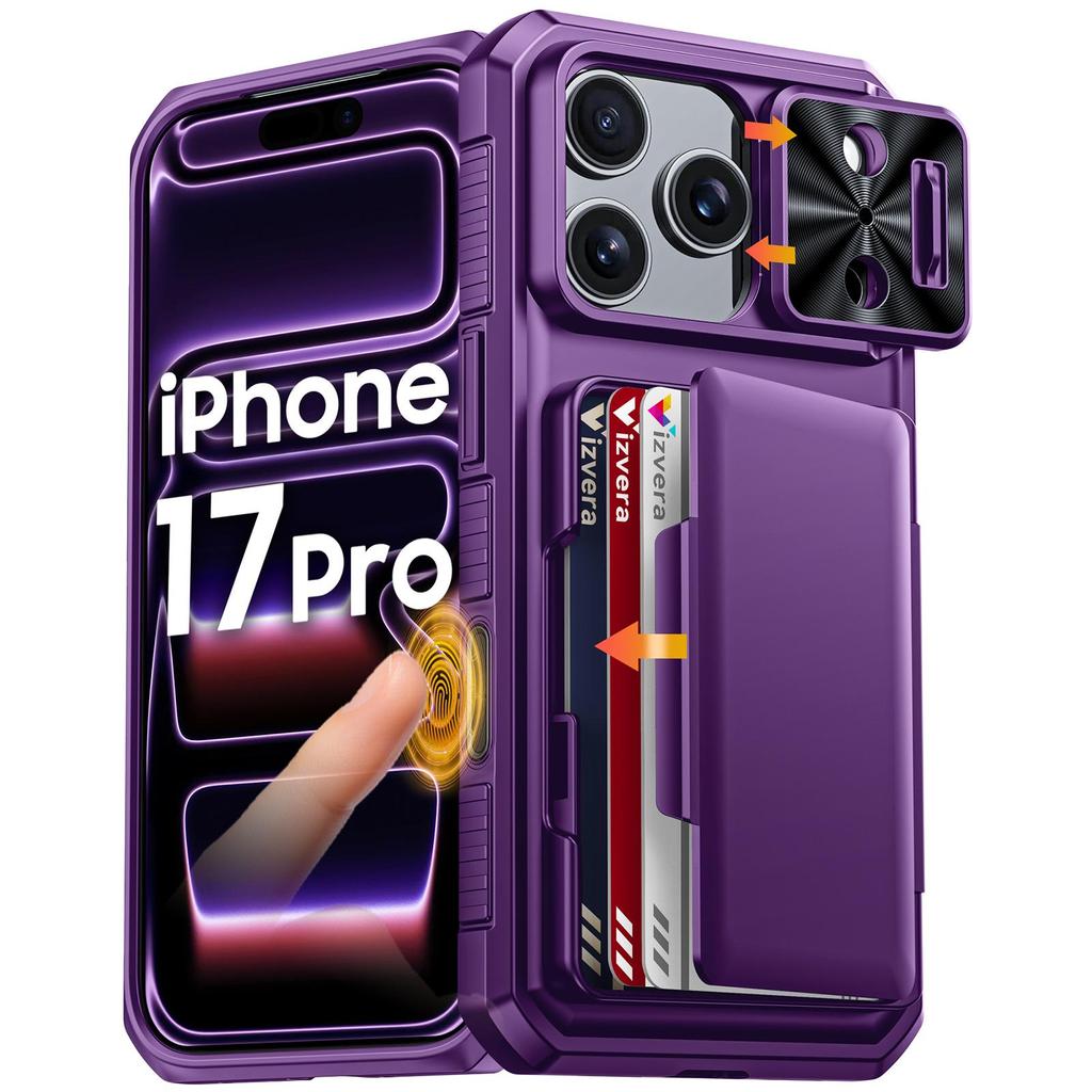 Mit Kartenhalter, Schiebefach für die Kamera und Ständer für iPhone 17 Pro Handyhülle, Anti-Fall PC+TPU Wallet Case - Orange