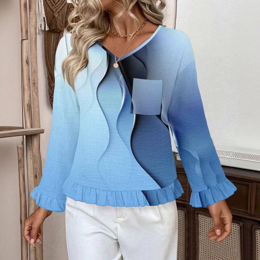 Dámský ležérní módní top s volánky, výstřihem do V, potiskem a dlouhým rukávem