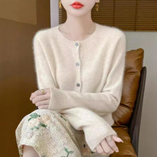 Women's 2024 Pure Wool Knit Cardigan - Round Neck, Long Sleeve, Versatile Base Layer