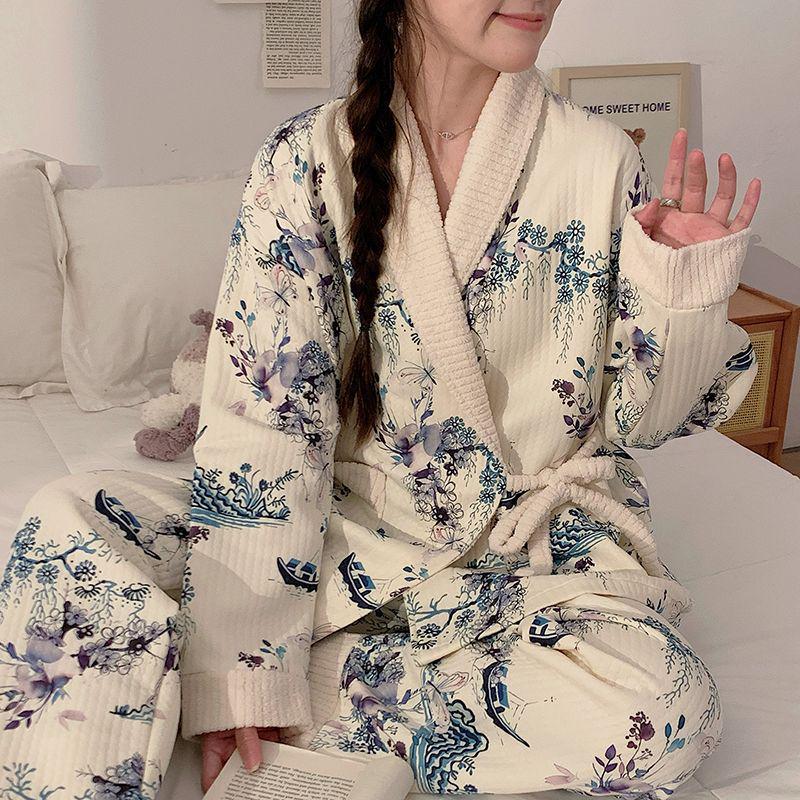 Plus Size Maternity Kimono Pajamas - Autumn/Winter Cotton for Postpartum & Breastfeeding