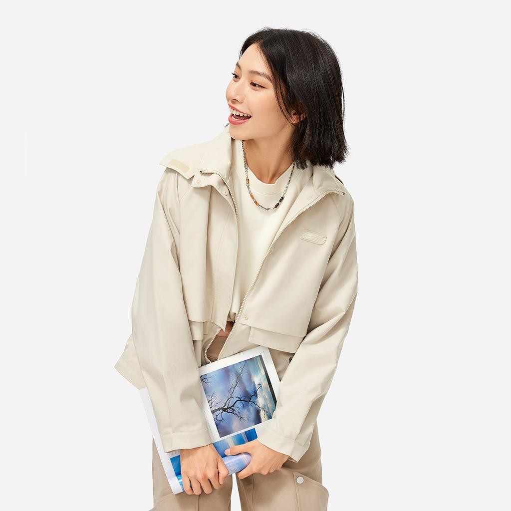 Li Ning Sports Trend Series Loose Hooded Solid Color Zipper Fleece Windbreaker Women Outerwear Oatmeal-Gray AFDUA84-1