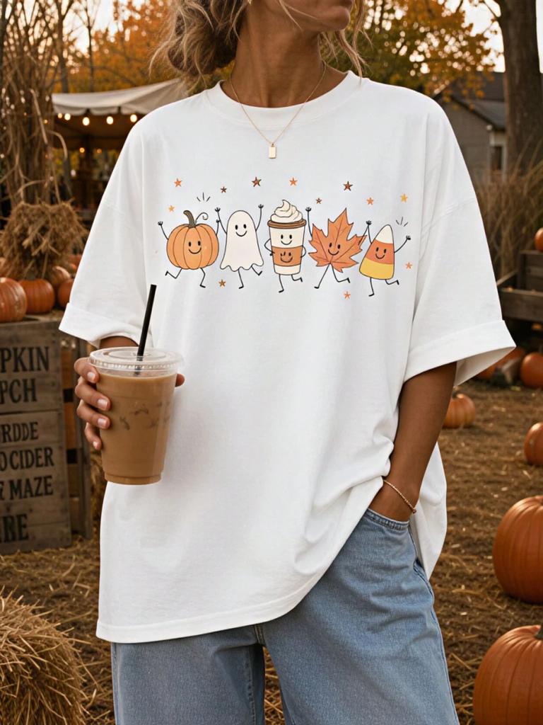 Retro Fall Doodles Shirt Cute Pumpkin T-shirt Funny Ghost Halloween Shirt