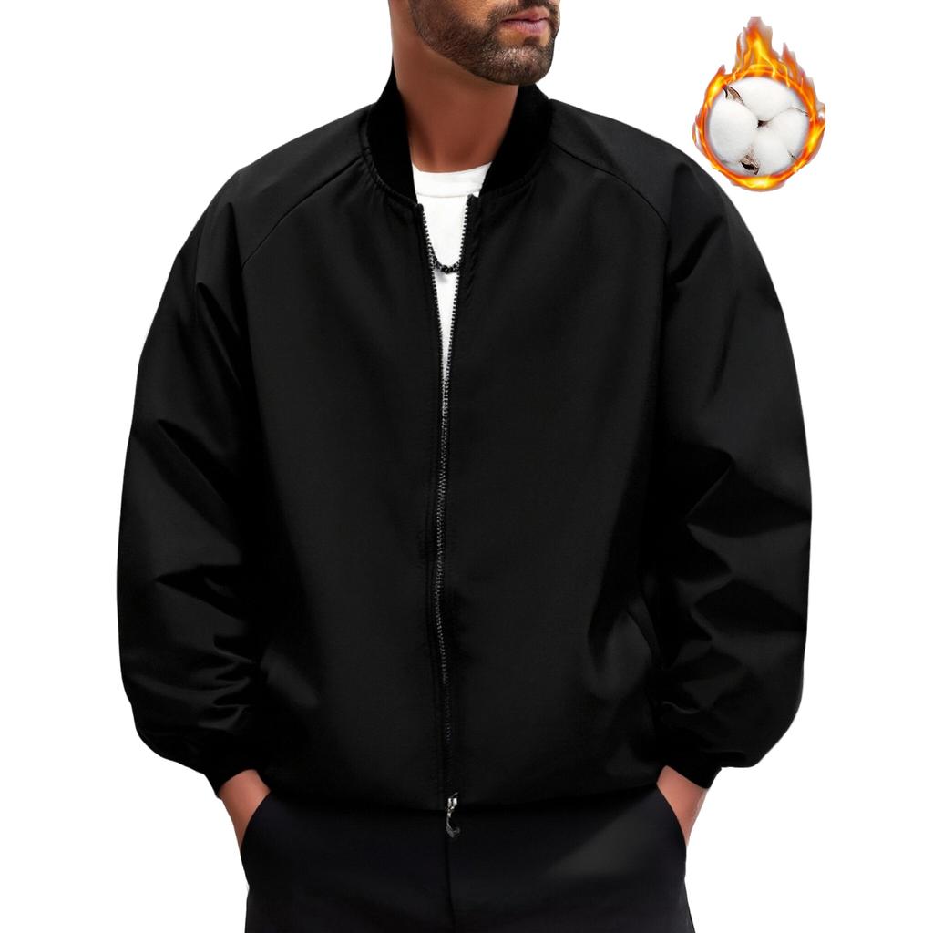 Men's Casual Solid-color Zipper Jacket, Men's Baseball Collar Loose Cotton Thickened Warm Coat