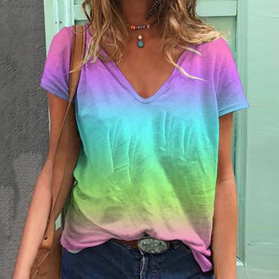 Women Summer T Shirt Multi Color Gradient Print Short Sleeve Tees Casual Printed Tops