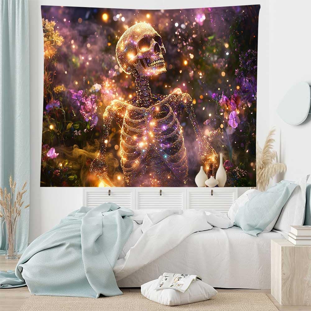Mystical Skeleton Tapestry, Glowing Skeleton With Sparkling Lights, Blooming Flowers And Magical Mist Print Wall Hanging For