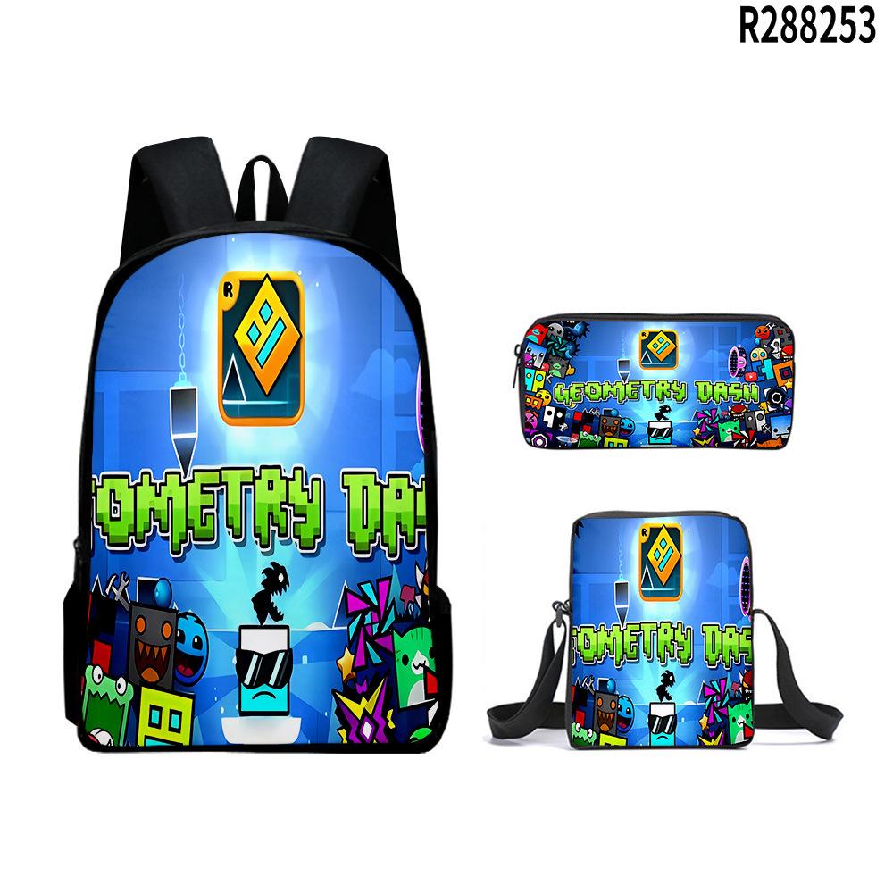 Ensemble 3 pièces Sacs d'école Sacs pour enfants 3D Nouveau Produit Geometry Dash Sac à dos Étudiant Sac bandoulière Trousse à crayons Sacs à dos
