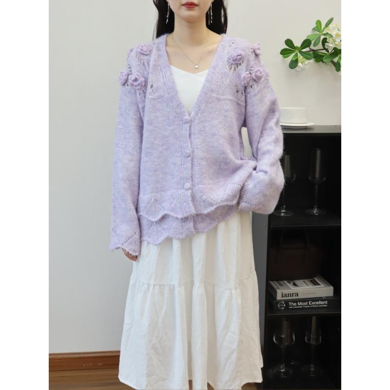 

Осень и зима новый кардиган с V-образным вырезом, объемными цветами, вязаный, свободный, мягкий, восковой, нежный, ветровка, свитер, куртка женская one size fits all фиолетовый