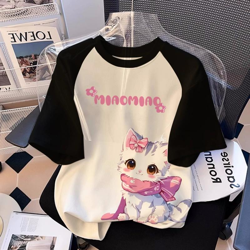 T-shirt Stampata con Grafica di Gatto Cartone Animato per Ragazza Estiva Casual da Donna per Bambini a Maniche Corte Abbigliamento
