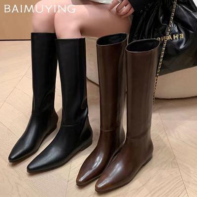 Flats Women High Boots Pointed Toe Fad Leather Shoes 2025 Trend Knee High Designer Goth Classic Winter Motorcycle Botas De Mujer