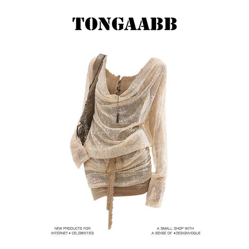

Tongaabb Retro Sexy Waste Soil Style Swing Collar Lace Blouse Sling Fake Two-Piece Sheath Dress Female Spring and Summer Apricot Dress L