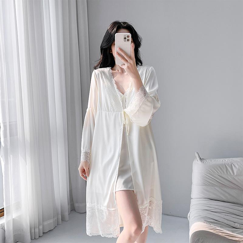 1011 new ice silk suspender nightdress two-piece set with chest pad lace lace sexy pajamas women