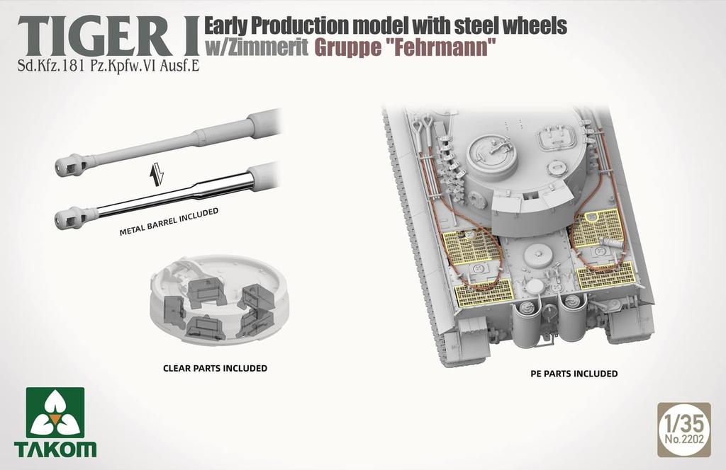 Takom 1/35 Sd.Kfz.181 Pz.Kpfw.6 Ausf.E Tiger 1 Wczesny Model Stalowe Koła z Powłoką Zimmerit, Zestaw Modelu Plastikowego Eskadry Fehrmann TKO2202