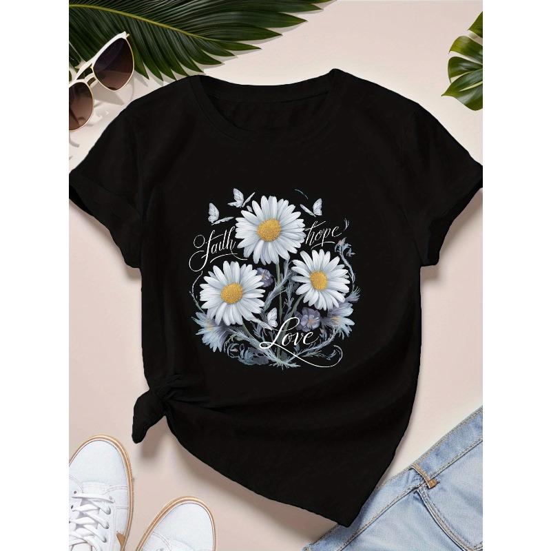 

European sizes Plus Size Women s Daisy Graphic T-Shirt - Faith, Hope, Love Motif, Short Sleeve, Round Neck, Casual Polyester Tee with Floral Design 4XL чорний
