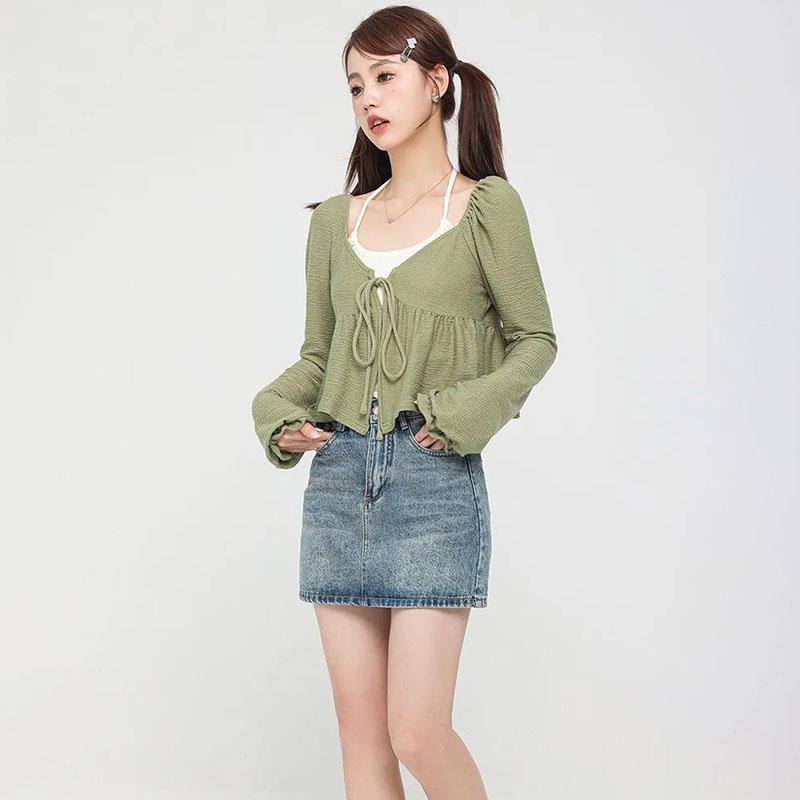 Pure Desire Short Hanging Neck Tank Top Long Sleeve Lace-up Cardigan 2Pcs Set Women Green T-shirt Slim Small Size Korean Fashion