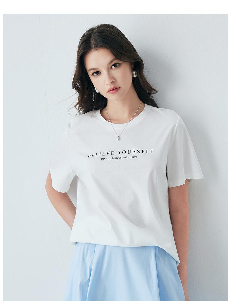 Kostengünstig einschließlich Maulbeerseide: Sommer-Rundhals-T-Shirt mit Buchstabenaufdruck, kurzärmelig, vielseitig, lässig, atmungsaktiv für Damen