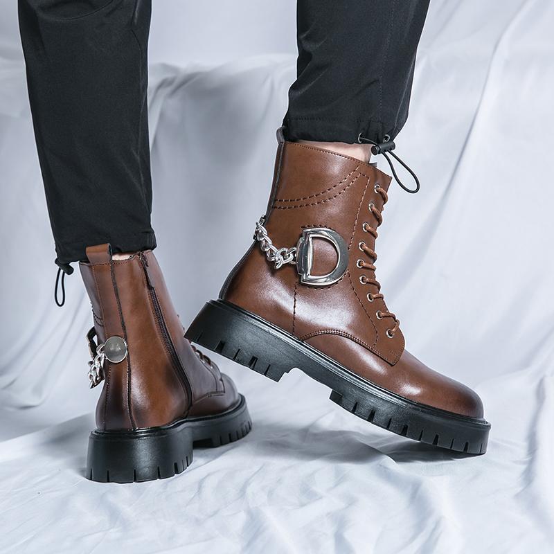 Leather Fashion High Top Shoes Men 2024 New Desert Boots Luxury Brand Side Zipper Motorcycle Boots Men Shoe