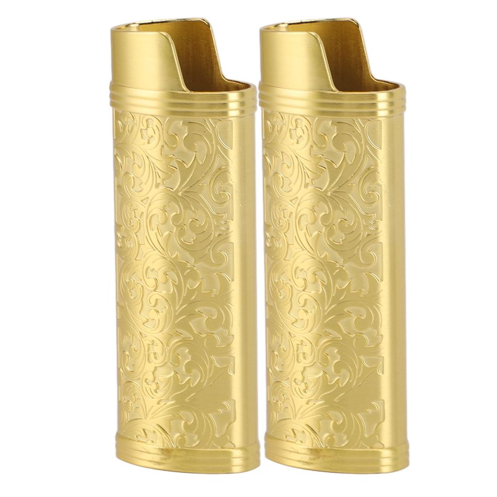 2 Pcs Lighter Case Zinc Alloy Vintage Floral Stamped Classical Elegant Lighter Sleeve Cover Gold