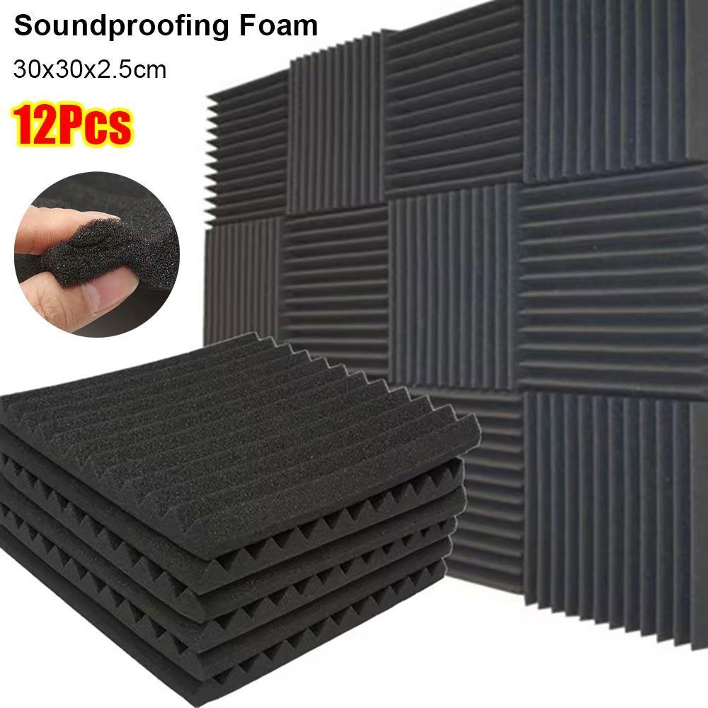 1/12Pcs New Sound Insulation Soundproofing Foam 30x30x2.5cm Triangular Groove Studio Wall Panel Soundproof Wedge Foam Tile