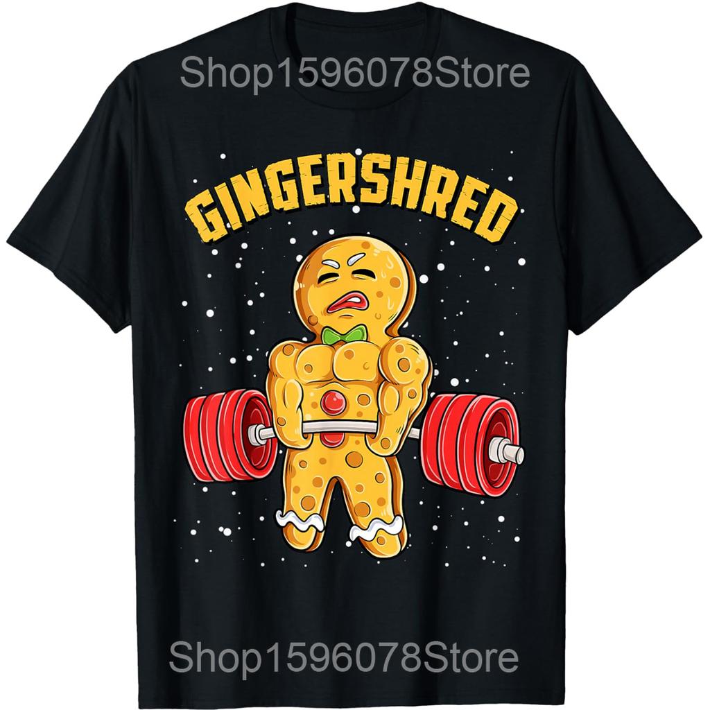 Gingershred Funny Gingerbread Man Gym Bodybuilding Christmas T Shirts Men Humor Streetwear Short Sleeve Unisex Loose Clothing