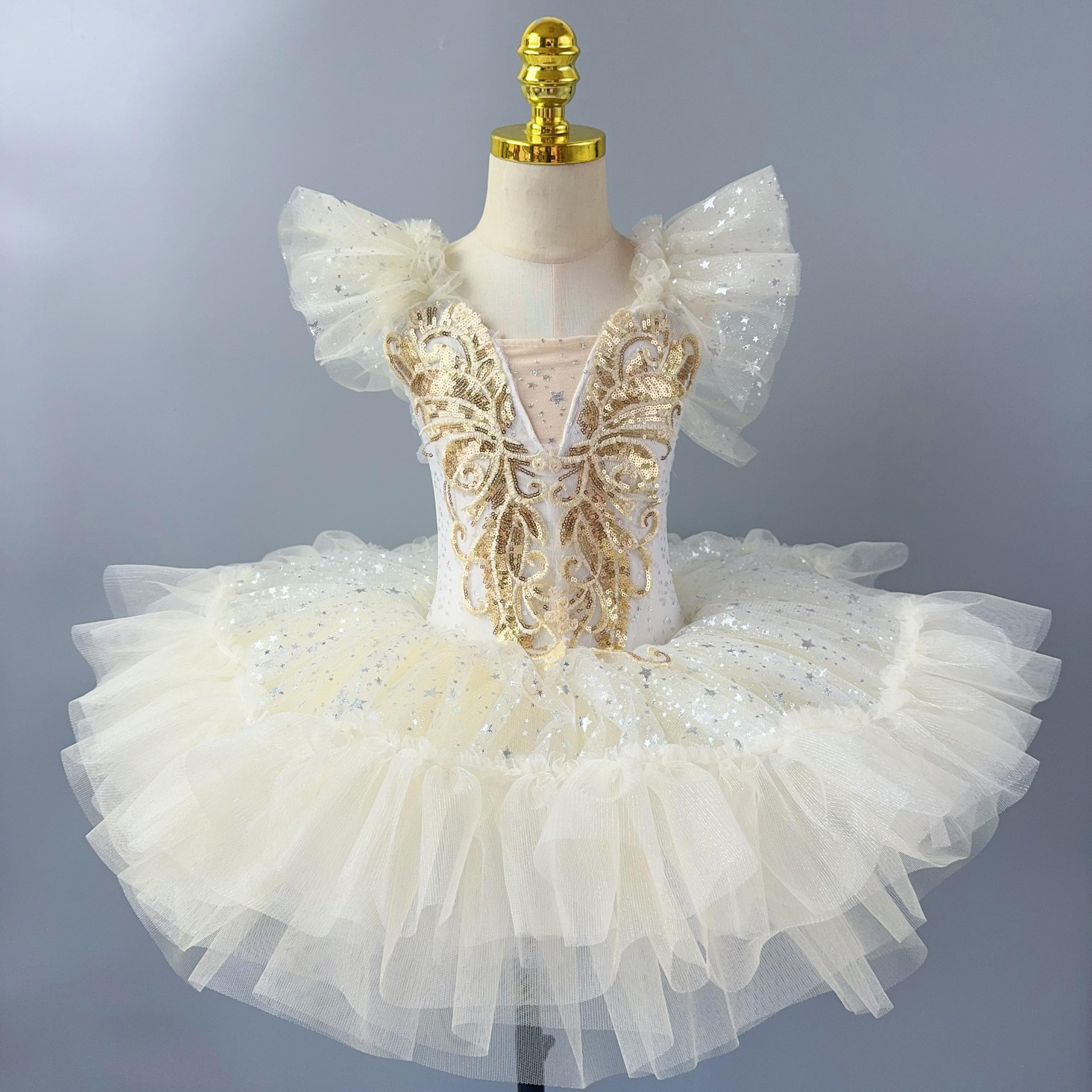 Kinder Langes Ballettkleid Mädchen Beige Spitze Schwan Pailletten Prinzessinnenkleid Erwachsene Damen Modern Dance Bühnenauftritt Kostüm 100