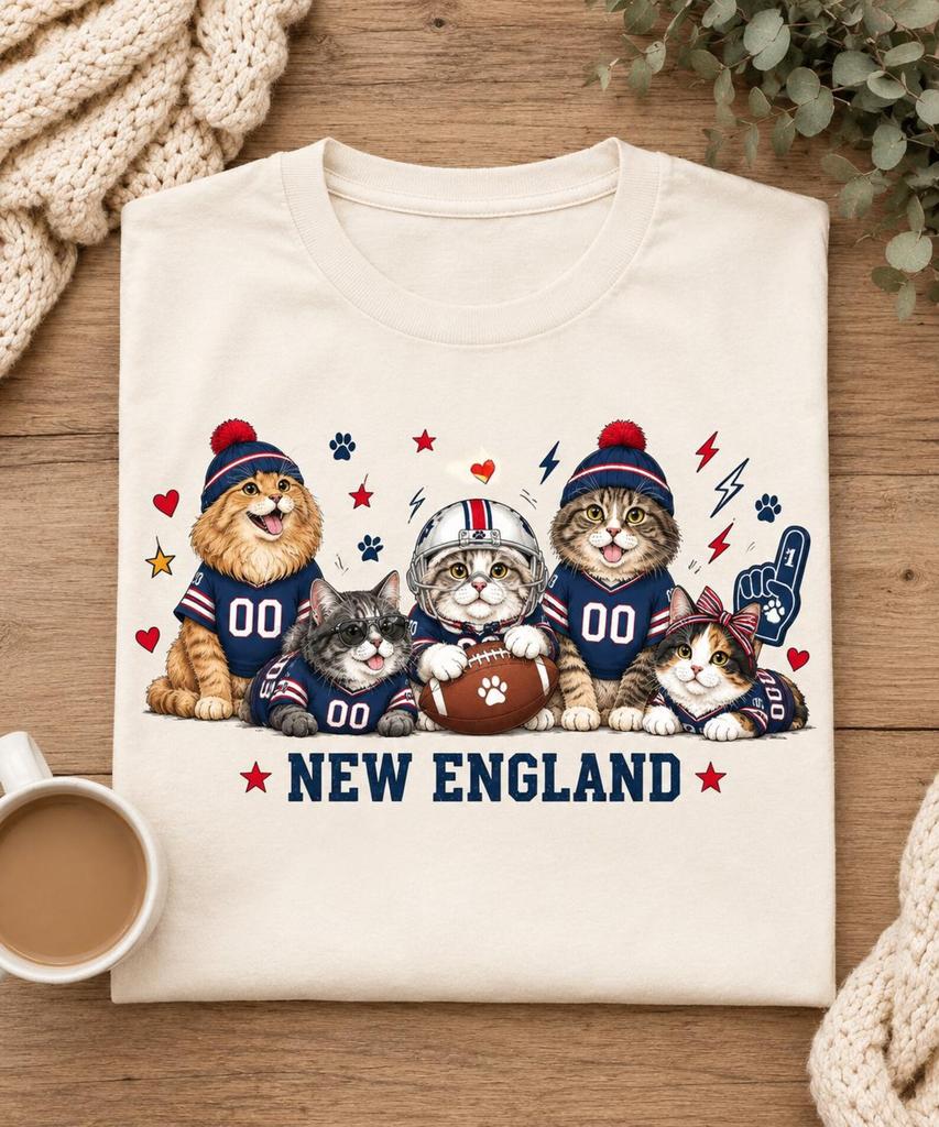 New England Cat Football Shirt, Funny Football Fan Tee, Cute Sports Cat T-Shirt, Vintage Game Day Shirt